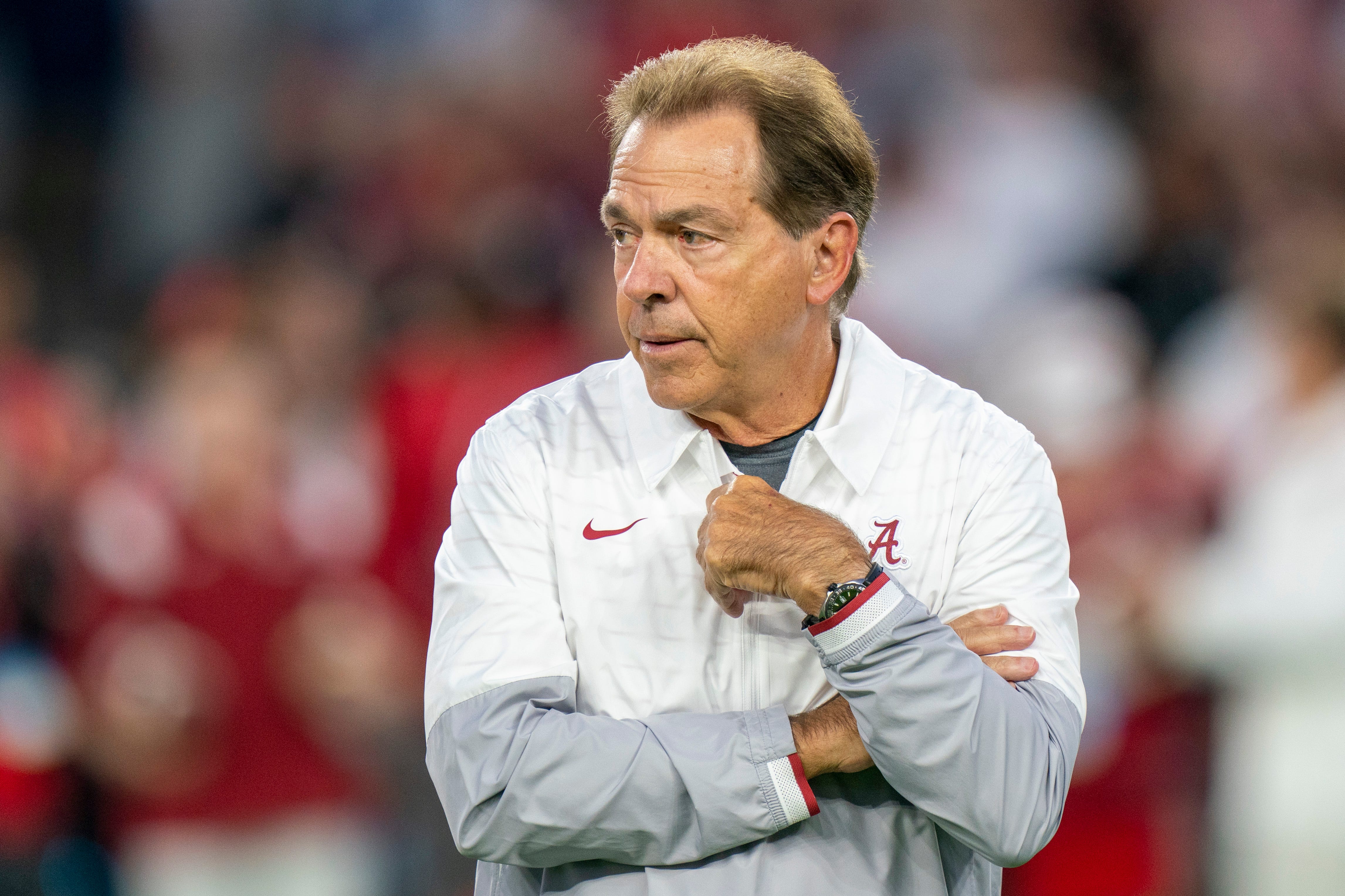 Oct 8, 2022; Tuscaloosa, Alabama, USA;  Alabama Crimson Tide head coach Nick Saban prior to a game against the Texas A&M Aggies at Bryant-Denny Stadium. Mandatory Credit: Marvin Gentry-USA TODAY Sports