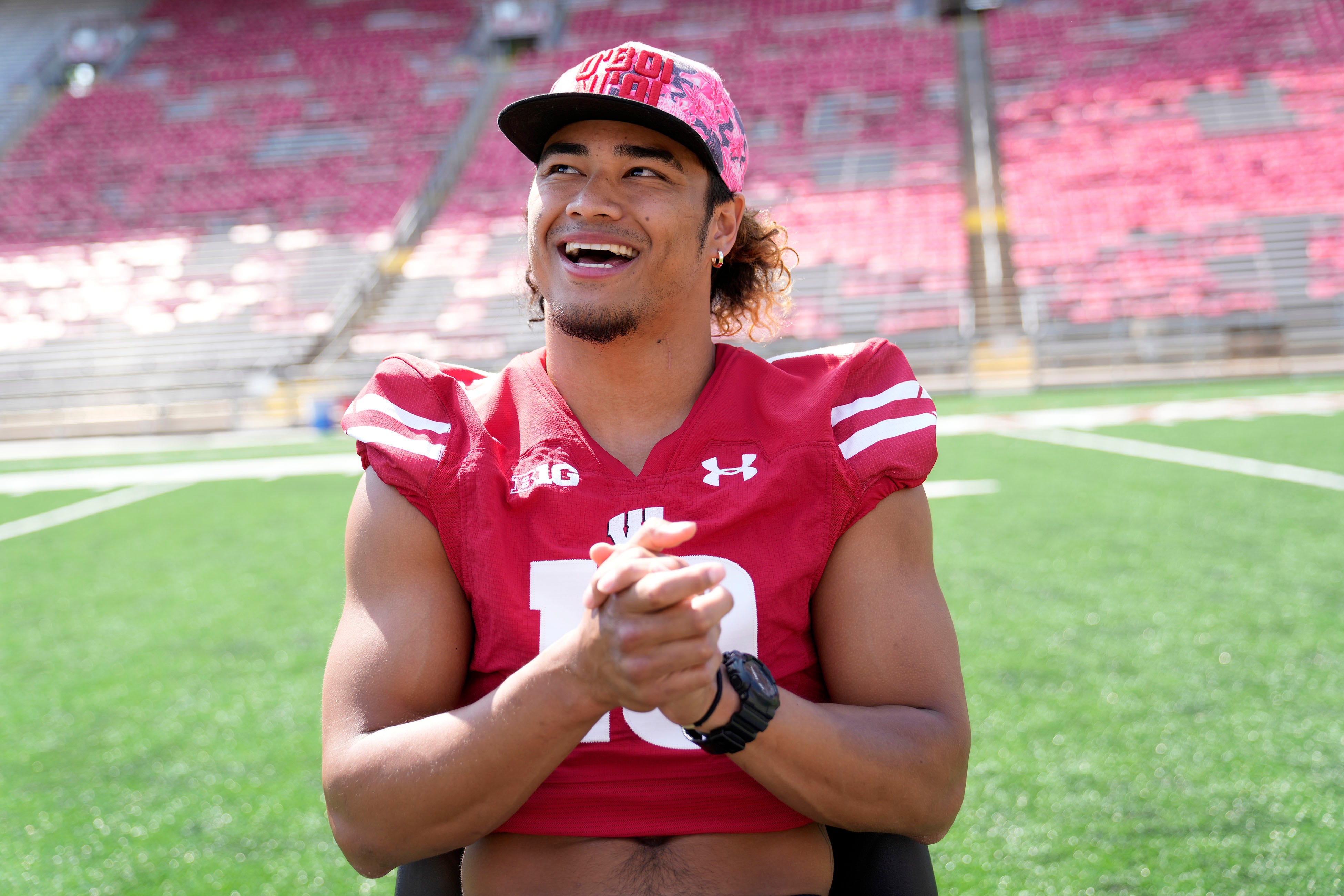 Wisconsin Badgers safety  Kamo'i Latu  smiles as he answers questions from the media as part of Wisconsin Badgers menâs football media day at the McClain Center in Madison on Tuesday, Aug. 2, 2022.  Photo by Mike De Sisti / The Milwaukee Journal Sentinel